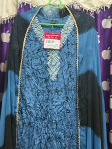 Blue &amp; Black Tie-Dye Kurta set with Embroidery