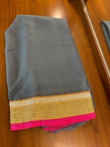 🌚Grey Saree with Pink &amp; Gold Border🌚