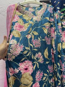 Floral Teal Kurta Set with Pink Dupatta