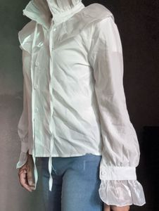 White Ruffled Neckline Long Sleeve Top