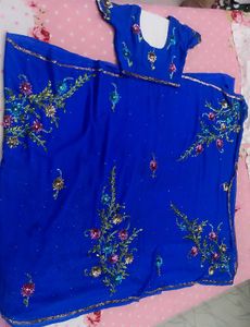 Royal Blue Floral Embroidered Saree