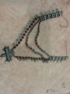 Oxidized Silver Necklace with Red Beads