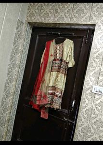 Yellow Printed Kurta set Red Dupatta and  lower