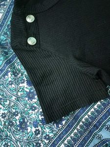 Black Ribbed Top with Button Detail