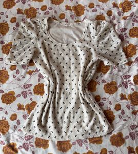 White Lace Print Puff Sleeve Top