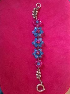 Blue &amp; Pink Beaded Flower Bracelet