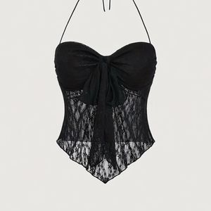 Black Lace Bow Halter Top
