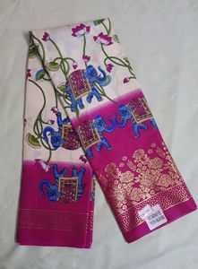 Elephant Print Cream With PINK Color Saree