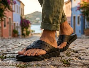 Men's Black Leather Flip-Flops size 6🌟