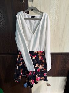 White Floral Print Long Sleeve Dress