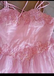 Pink Floral Applique Tulle Gown
