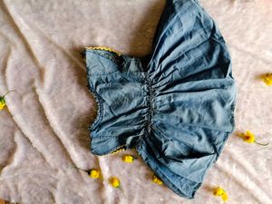 kids Girls Denim Style Floral Embroidered Frock Dr