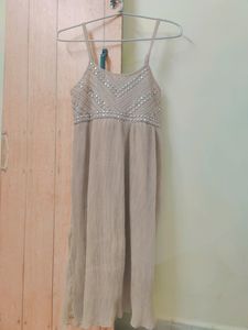 Beautiful Light Brown Knee Length Dress, Plastic Mirror Work, Round Neck, Stretchable, Adjustable Straps. Soft Material With Inner Lining. Totally New.