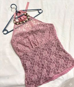 🎁Y2K Lace Halter Neck Top with Pearl Detail J