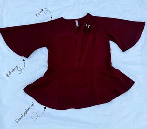 Chic Burgundy Peplum Top with Bell Sleeve