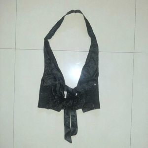 🖤 Handcrafted Black Sequin Halter Tie-Front Top