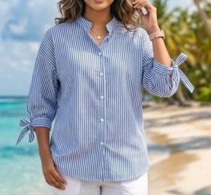 Chic Blue Striped Bow Sleeve Blouse