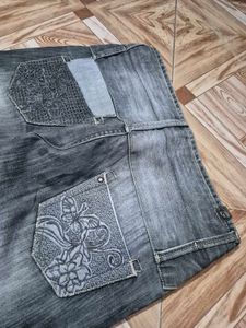 Pocket Embroidery Grey Vintage Jeans For Women