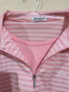 Pink Striped Quarter Zip Polo Shirt (good for gym