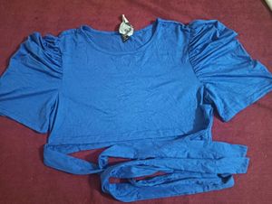 Blue Puff Sleeve Wrap Top