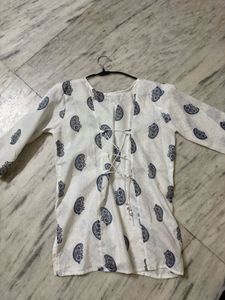 White Kurta with Blue Paisley Print