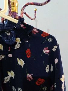 Navy Floral Print Ruffle Neck Top