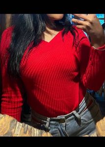Red Ribbed Wrap Top