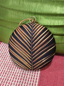 Round Leaf Print Clutch with Rhinestone Handle