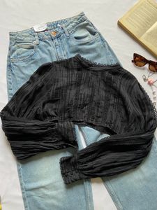 Black Lace Detail Cropped Blouse
