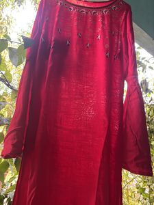 Women Red Bell Sleeves Kurta