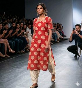 Red and Ivory Banarsee Silk cotton Kurta Set!