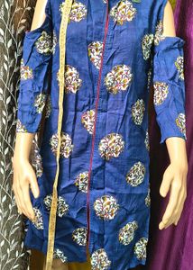 Blue Printed Cold Shoulder Kurta