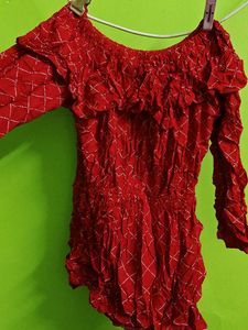 Red Off-Shoulder Bandhani Print Top