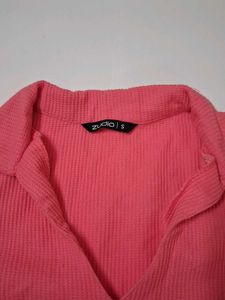 Coral Ribbed Polo Neck Top