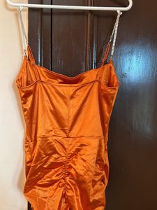 Orange Satin Slip Dress with Rhinestone Straps
