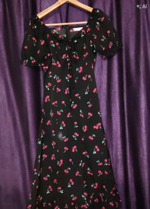 Cute Cherry Print Puff Sleeve Dress