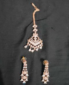 Sparkling CZ Necklace Earring Maang Tikka Set