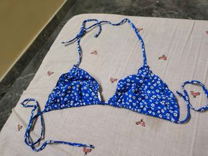 Blue Floral Triangle Bikini Top