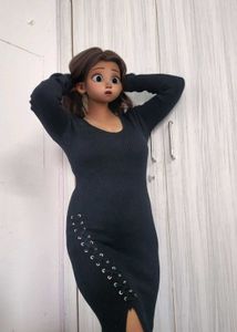 Chic Black Ribbed Lace-Up Dress<<3