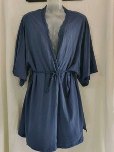 Blue Kimono Robe with Lace Trim