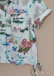 White Tropical Print Button-Up Shirt