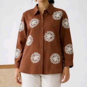 Chic Brown Floral Embroidered Shirt