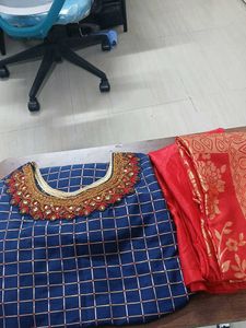 Elegant Blue Kurta with Golden Grid
