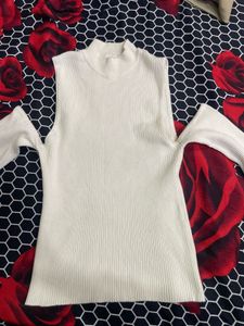 Cream Ribbed Cold Shoulder Mock Neck Top