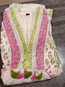 White Kurta Set with Pink &amp; Green Print