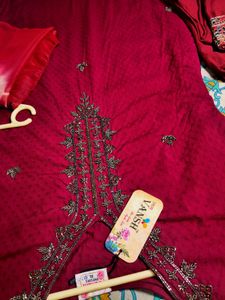 Maroon Embroidered Kurta Set with Pants & Dupatta