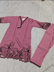 Pink Kurta with Floral Neckline and Pant
