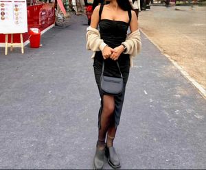 Elegant Black Ruched Midi Dress with Slit