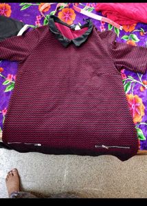 Chic Burgundy Textured Dress with Faux Leather Col