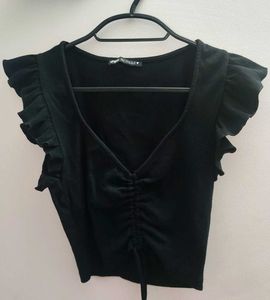 ZARA Black Ruched V-Neck Top with Ruffle Sleeves